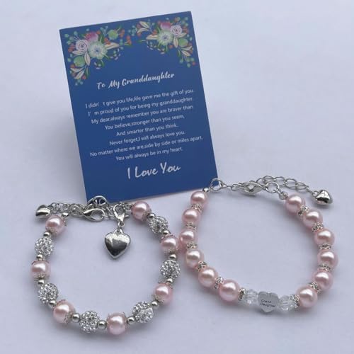 Image of DOLON 2 Pcs Imitation Pink Pearls Crystal Beads Heart Charm Bracelets Gift for Granddaughter,Sister,Daughter with Graduation Birthday Christmas First Day Wish Card