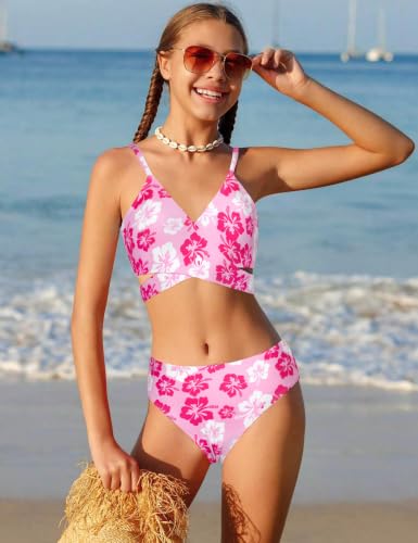 Image of Girls Swimsuits 3 Piece Bathing Suit Allover Printed Criss Cross Bikini Set with Cover Up Skirt Beach Swimwear 7-16 Years