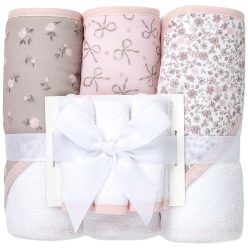 Image of Jessica Simpson Baby 6-Piece Hooded Towel & Washcloth Set - Soft Polyester Baby Bath Towels - Pink & Green Floral Design (Pink Floral & Bows)