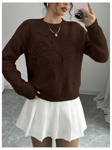 Image of RoseSeek Women's 3D Floral Appliques Crewneck Sweaters Long Sleeve Drop Shoulder Pullovers Elegant Knit Tops
