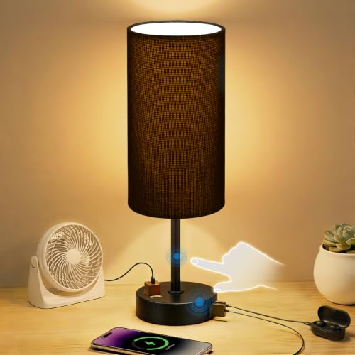 Image of Bedside Table Lamp, Dimmable Touch, AC Outlet, USB A+C (Black) | 3-Way Dimmable, Small Touch Lamp with Eye-Care LED Bulb, Ideal Soft Lighting for Nightstand, Bedroom, Reading, Living Room