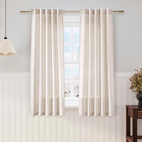 Image of Nanspring Beige Linen Curtains 63 inches Long for Bedroom Back Tab Sheer Beige Curtains Modern Farmhouse Coastal Decor Cotton Textured Gauze Curtain for Bathroom 2 Panel Set 52x63