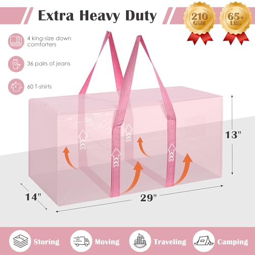 Image of 6 Pack Moving Bags with Full-Open Side Zipper, Extra Large 93L Heavy Duty Waterproof Foldable Storage Totes for College Dorm, Moving & Home Organization Pink