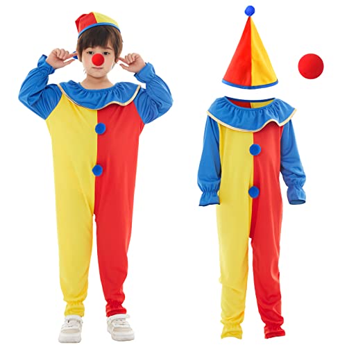 Herefun Disfraz de Payaso para Niños Niñas, Disfraz de Carnaval Cosplay, Disfraces para Niños y Niñas para Halloween Carnaval, con Mono de Payaso, Gorro y Nariz, 3-6 Años, Largo 90-110cm