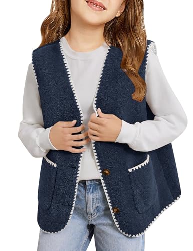 Minclouse Girls Fleece Vest Sleeveless Button Down Sherpa Jacket Cute Color Block Outerwear with Pockets for Toddler & Kids