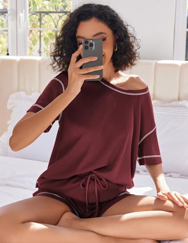 Image of Ekouaer Women's Waffle Knit Two Piece Lounge Set, Soft Matching Outfits for Daily Wear, Casual Shorts Set with Pocket