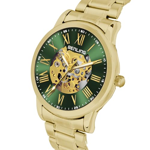 Image of Benling Men's Skeleton Automatic Analog Watch Combo | Open Gear Dial | Leather and Stainless Steel Chain Strap | Luxury Mechanical Movement | Casual & Formal Wear Stylish Wrist Watch for Men