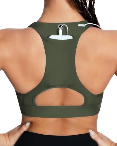 Image of QUEENIEKE BareFlow Women's Sports Bras with Phone Pocket Medium Impact Padded Racerback Workout Gym Crop Top Running Yoga Bra