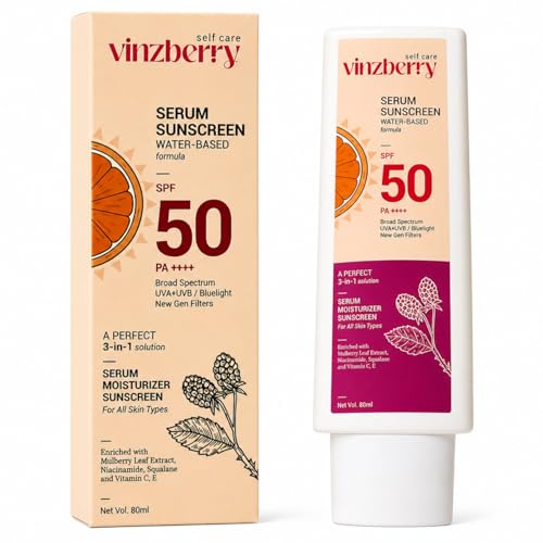 Image of VINZBERRY SPF 50 Sunscreen for Face PA++++ | 3-in-1 Serum Sunscreen + Moisturizer | Lightweight Water-Based Sunscreen | No White Cast | Daily Hydration for All Skin Types | 80 ml