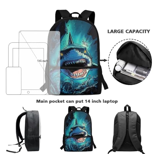 Coldinair Cool Shark Backpack for Boys Kids Backpack with Lunch Box and Cool Pencil Case Large Capacity Bookbag for Elementary Middle School Boys 17inch Lightweight Bookbag with Front Pocket4