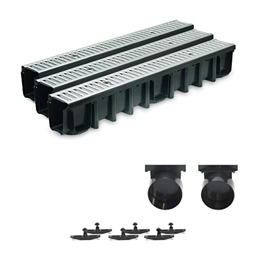 Preisvergleich Produktbild 3m Entwässerungsrinne Terrassenrinne Stahlrost verzinkt komplett SET, System A15 148mm, inkl. Zubehör