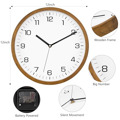 Foxtop Wood Wall Clock 12 Inch Silent Non-Ticking Battery Operated Clock - Image 2
