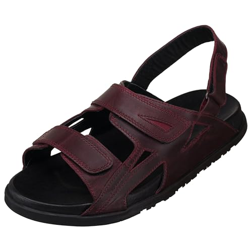 DALGALA Men's Burgundy Calfskin Big Size Wide Fit Hook and Loop Sandals Summer Shoes