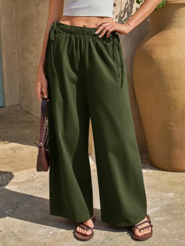 Fisoew Womens' Wide Leg Pants Casual Low Rise Loose Drawstring Elastic Waisted Cotton Fall Pants Army Green - image 4
