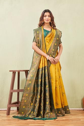 Image of Women's Banarasi Silk Saree with Rich Pallu, Jacquard Zari Weaving Work & Unstitched Blouse Piece, Traditional Ethnic for Wedding, Party & Festive Occasion