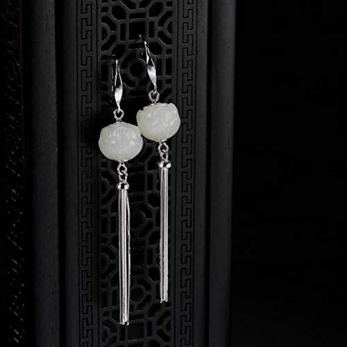 Boucles d'oreilles style chinois en néphrite véritable et pompon rétro pour femme