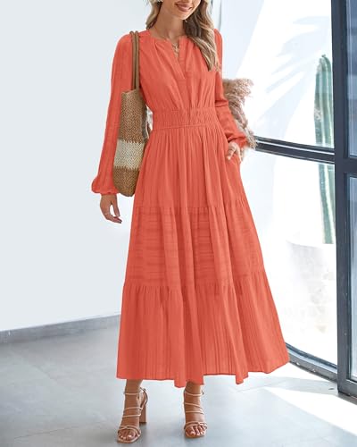 BTFBM Fall Dresses for Women 2025 Casual Long Sleeve V Neck Elastic Waist Lightweight Maxi Wedding Guest Dress Pockets