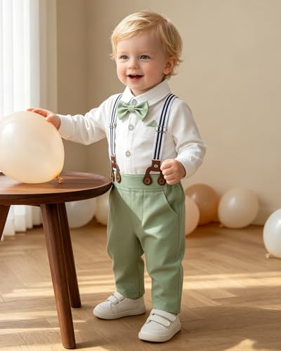 Image of SALNIER Baby Boy Suit Set Infant Formal Outfit Tuxedo | Soft Cotton Shirt Suspenders Pants Bow Tie Beret Hat 5pcs Set, For Wedding Baptism Birthday Party