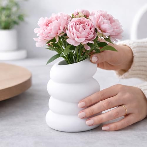 Image of Plastic Modern Textured White Decorative Vase for Flowers, Ceramic-Look Ribbed Design Table Vase for Living Room, Bedroom, Office Decor, Lightweight & Durable Flower Pot (Pebbles Tower)
