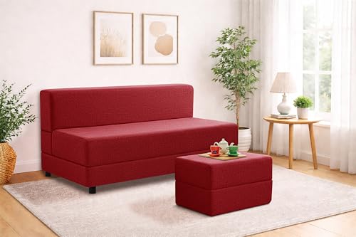 Image of 5X6-Feet Leg Sofa Cum Bed with Ottoman | Jute Fabric 3 Seater Convertible Sofa Bed | Modern Space Saving Furniture for Living Room | Red
