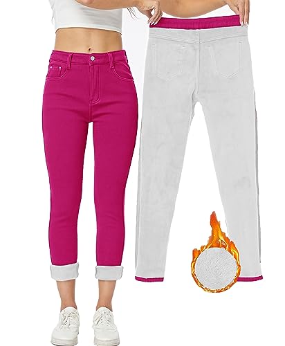 Yehopere Damen Winter Fleece Gefüttert Jeans Slim Fit Warm Skinny High Waist Denim Jeans, Pink Hot, X-Groß