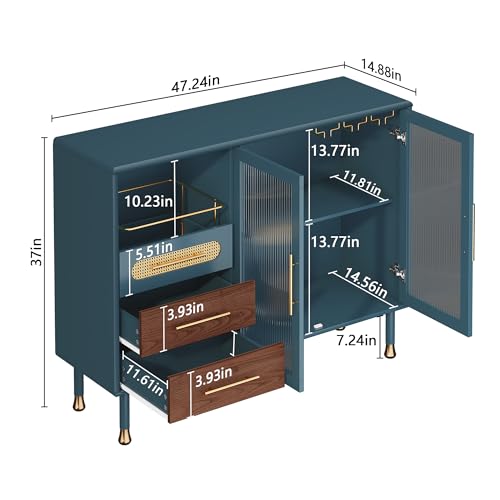 Image of ARTPOWER 48 inch Coffee Bar Cabinet with Wine Racks and Drawers, Modern Buffet Sideboard with Pull-Out Wine Storage, Liquor Bar Cart for Kitchen, Dining Room, Living Room (Blue)