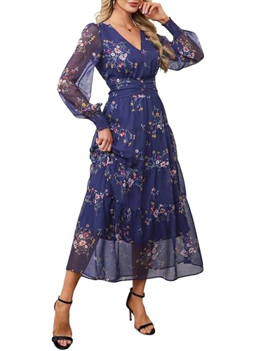 ANRABESS Womens Floral Long Sleeve Maxi Dress V Neck Chiffon Flowy Boho A-Line 2026 Spring Wedding Guest Party Wrap Dresses Floral Navy Blue X-Large