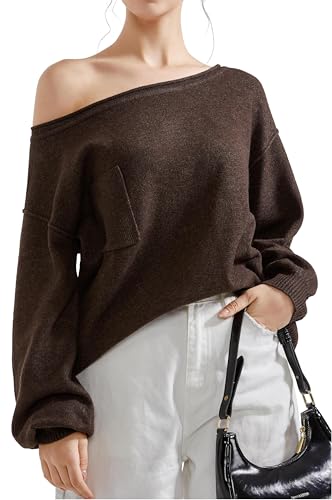 SUUKSESS Women Off The Shoulder Fall Sweaters Long Sleeve Boat Neck Oversized Pullover Sweater Tops