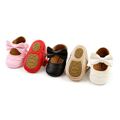 Image of Baby Girls Mary Jane Flats with Bowknot Flowers Princess Wedding Dress Ballet Shoes Non-Slip Toddler First Walkers Newborn Crib Shoes
