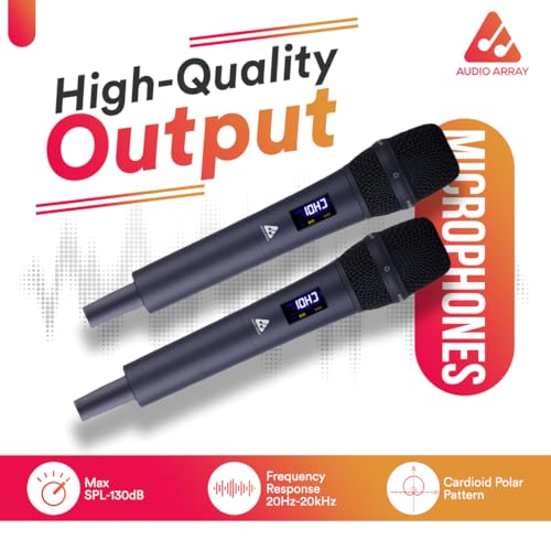 Image of Audio Array AM-W32 UHF Dual Wireless Metal Microphones | Built-in Rechargeable Battery | 6-8 Hours Backup | 60M Range | Karaoke, DJ, Events, PA System | Echo & Volume Controls