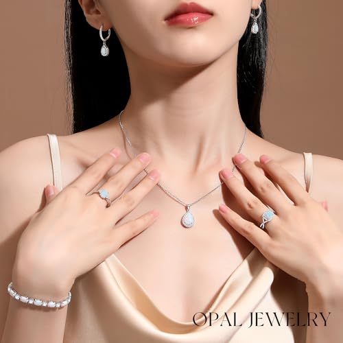 FANCIME October Birthstone Necklace Sterling Silver White Opal Necklace Fire Opal Halo Waterdrop Teardrop Pear Shape Opal Pendant Fine Opal Jewelry for Women3