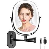 FUNTOUCH Wall Mounted Makeup Mirror with Light, Oval Rechargeable Double-Sided 7X/1X Magnifying Mirror, Vanity Mirror Dimmable 3 Color Light, 360° Extension Rotation Foldable 13.5 in