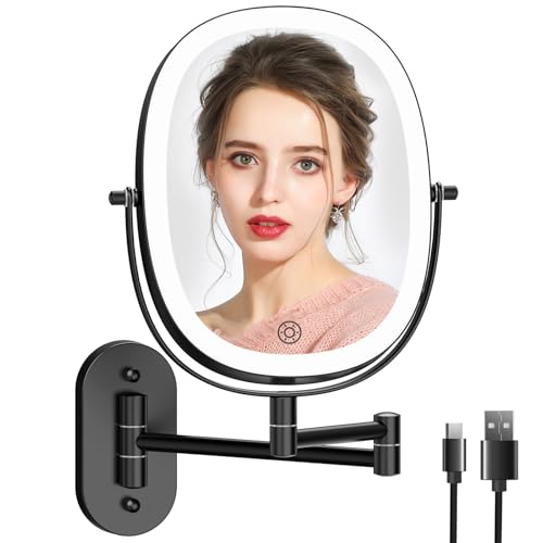 FUNTOUCH Wall Mounted Makeup Mirror with Light, Oval Rechargeable Double-Sided