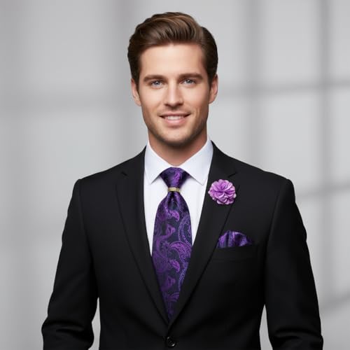 Image of 5PCS Tie and Pocket Square for Men, Silk Necktie and Handkerchief Cufflinks with Gold Ring and Lapel Pin Set