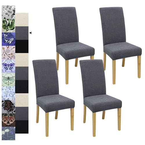 Dining Chair Covers, Jacquard Stretch Kitchen Chair Covers, Dining Room Chair Cover Set of 4, Detachable Washable Chair Covers, Chair Slipcovers, for Home, Restaurant, Banquet (Sea Wave, Grey)