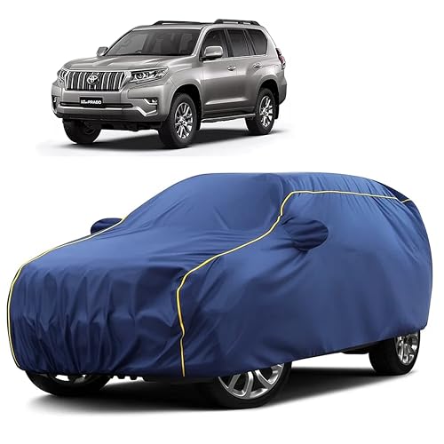 Image of Sulfar 100% Water Resistant Car Body Cover Compatible with Mirror for Toyota Land Cruiser Prado (Triple Stitched, Full Bottom Elastic, Blue Taffeta with Yellow Piping)