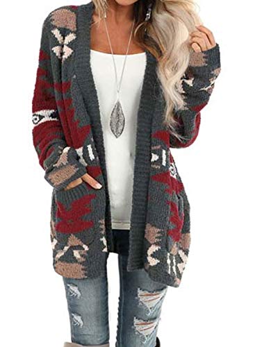 Dokotoo Womens Plus Size Winter Warm Open Front Long Sleeve Aztec Print Cardigans Sweaters Soft Knitted Coats Outwear Casual Cardigans Jackets with Pockets Gray 2XL