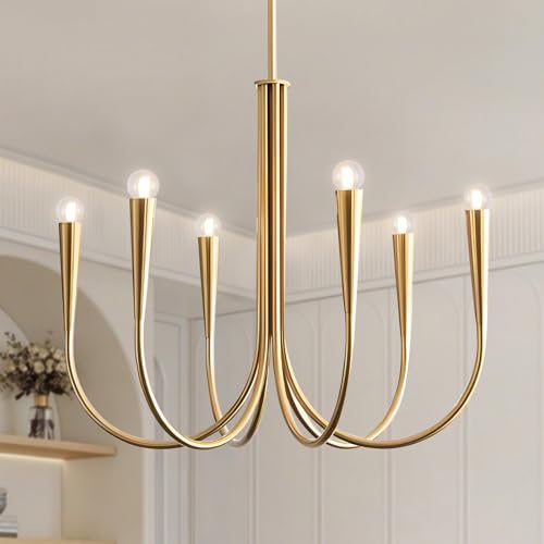 Lista de Candil Top 10. 48 Magiroz - Candelabro de 6 luces dorado, lámpara de araña colgante de latón cepillado, candelabro rústico industrial moderno para granja, comedor, recámara, sala de estar