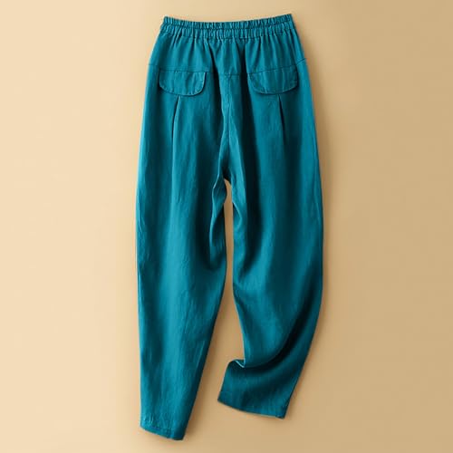 Cotton Linen Cropped Pants for Women Summer Wide Leg Pants Casual Elastic Waist Drawstring Loose Trousers with Pockets3