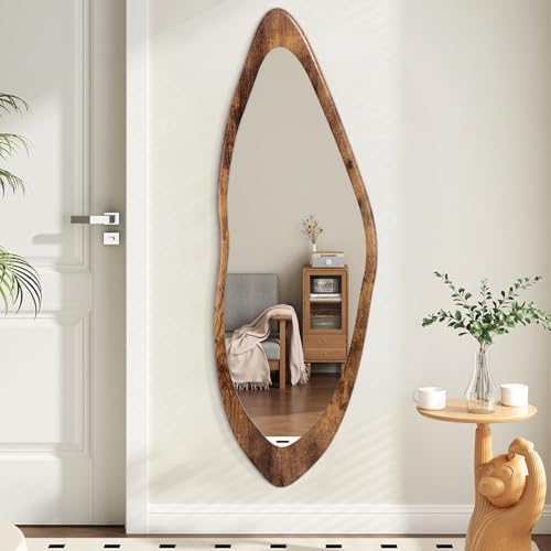 Image of AAZZKANG Large Asymmetrical Mirror Wood Framed Full Length Wall Mirrors | Irregular Bedroom Living Room Entryway Dressing Room Hanging Mirror 47 inchx16 inch