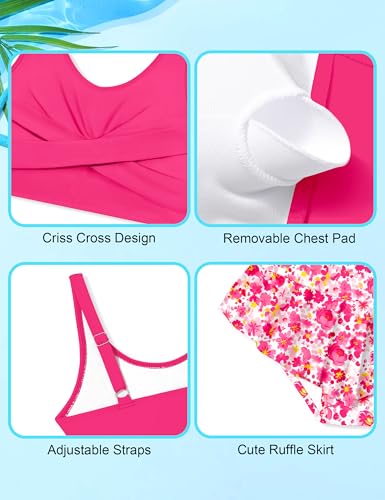 Image of Qaoerde Girls Swimsuit Tropical Print Bikini Set with Ruffle Hem Two Piece Criss Cross Bathing Suits for Girls 7-16 Years