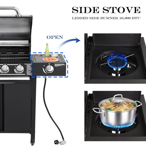 MAGIC UNION 4-Burner Propane Gas BBQ Grills with Side Burner, Cast Iron 50,000 BTU Patio Barbecue Grill with Stainless Steel Grates for Outdoor Cooking, Backyard, Garden
