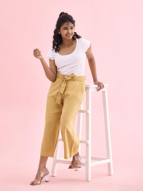 Image of GO COLORS Solid Linen Culottes for Women | High Rise, Side Pockets, Front tie-up