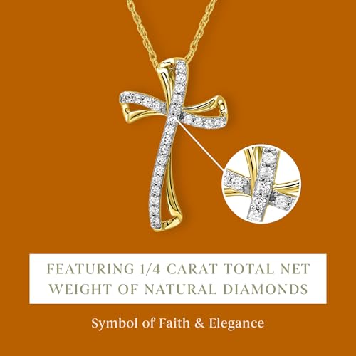 GILDED 10K Yellow Gold - 14K Yellow Gold Plated over 925 Sterling Silver Necklace for Women with Natural Round-Cut Diamond Twist Cross Pendant, 18" Cable Chain, 1/4 Carat Total Weight & Elegant Gift Box Included4