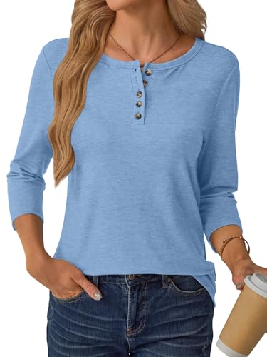 3/4 Length Sleeve Womens Tops Fall Clothes Button Casual Spring Summer Lightweight Loose Fit Basic Tunic Shirts3