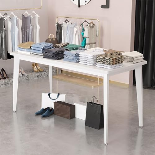 Mesa de exhibición moderna para venta al por menor, soporte industrial para zapatos y bolsos, mostrador de boutique con estantes de almacenamiento retro, estante de isla para tiendas de ropa y