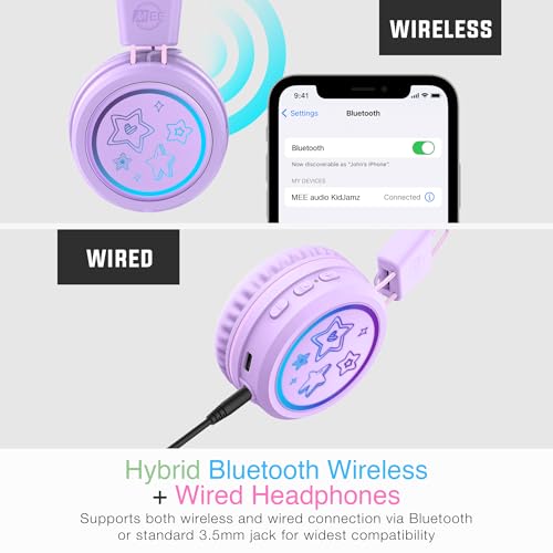 Image of MEE Audio KidJamz KJ55BT Bluetooth Wireless Safe Listening Headphones for Children w /LED Lights, 85dB Volume Limiter, Microphone, & 40h Battery; Kids Headset for School /iPhone /iPad /Tablet (Lavender)