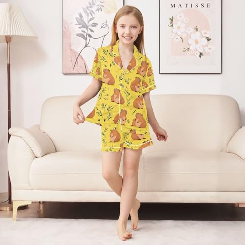 senya Cartoon Capybaras Grass Yellow Satin Summer Pajama Sets Silk Short Sleeve Button Down Sleepwear4