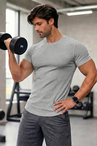 Image of JMIERR Mens Short Sleeve T Shirt Summer Muscle Slim Fitted Crewneck Longline Tees Shirts for Gym Workout
