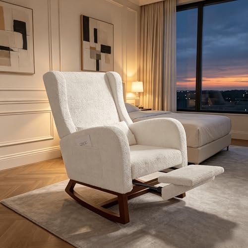 Sillón Mecedora de Lactancia con Bolsillo Lateral y Cojín, Butaca Mecedora Tapizada en Tela de Lino, Silla Mecedora Relax con Patas de Madera Maciza para Salón, Dormitorio y Lectura (Blanco-1)